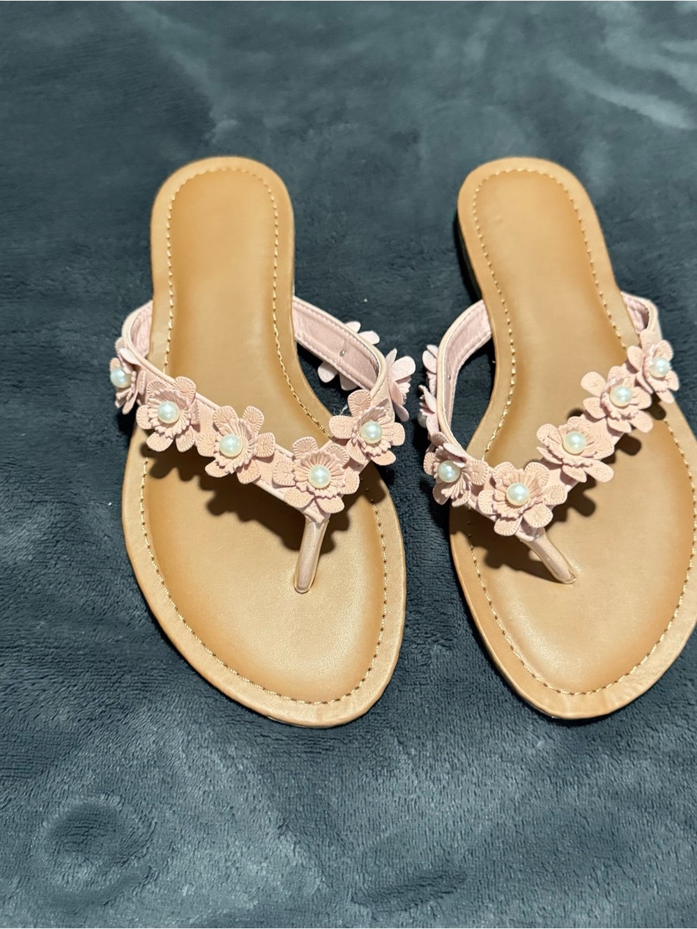 Women's Pink Floral Pearl Trim Thong Sandals